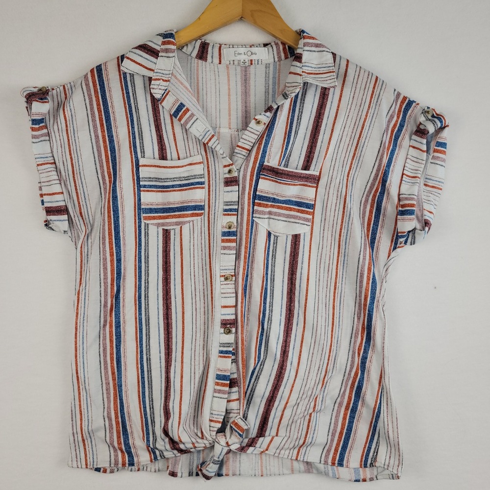 Eden & Olivia Striped Button Down Top Women Medium White Tie‎ Front Short Sleeve